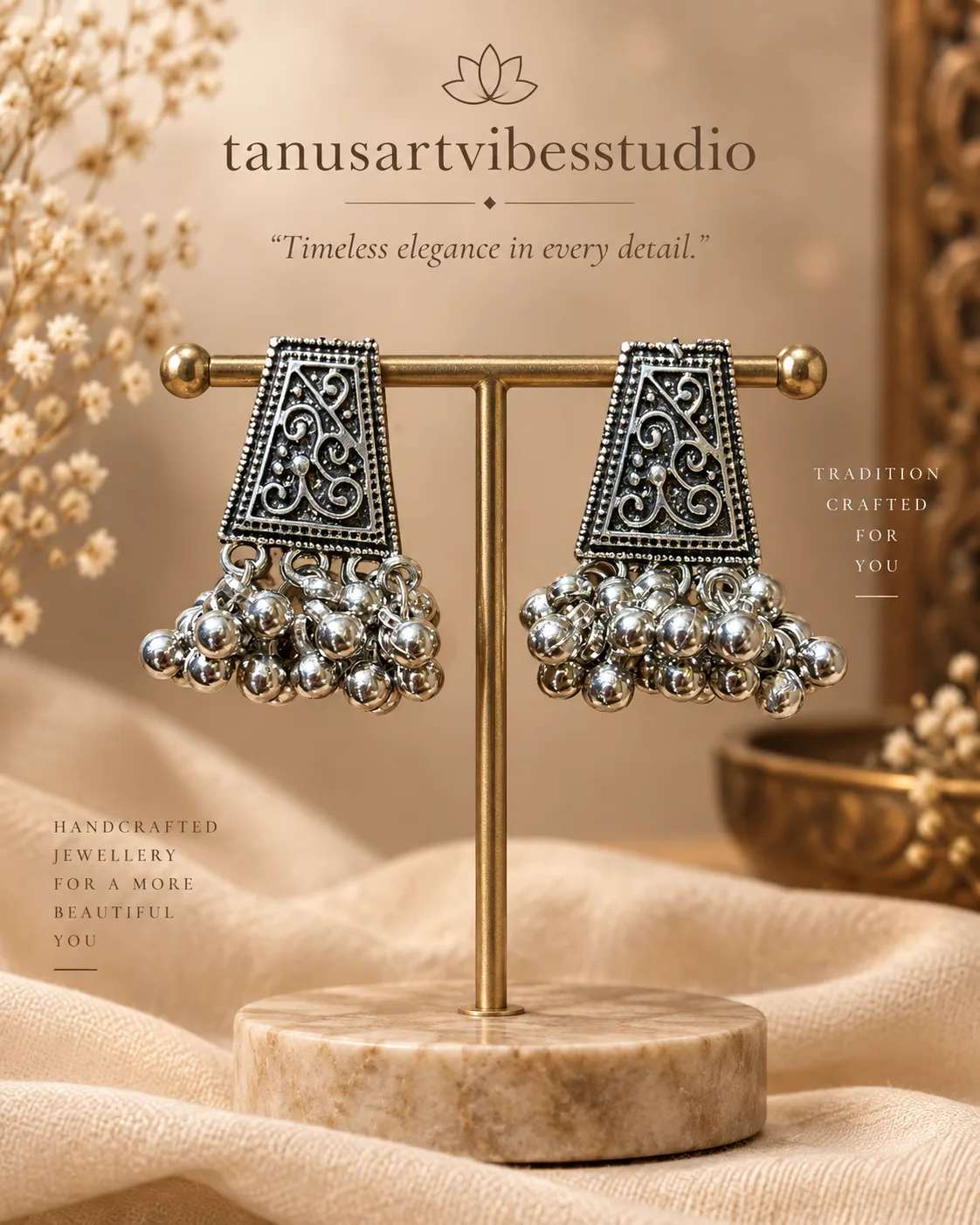 Navratri Oxidised Silver Geometric Ghungroo Earrings by tanusartvibesstudio