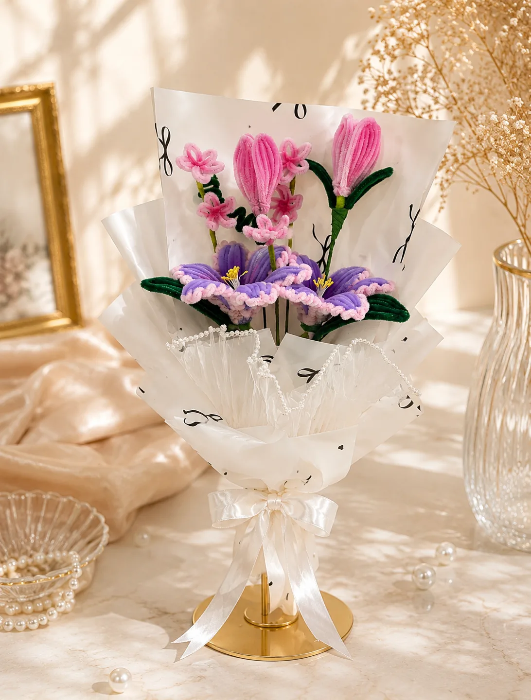 Handmade Lavender Lily & Pink Blossom Pipe Cleaner Bouquet by tanusartvibesstudio