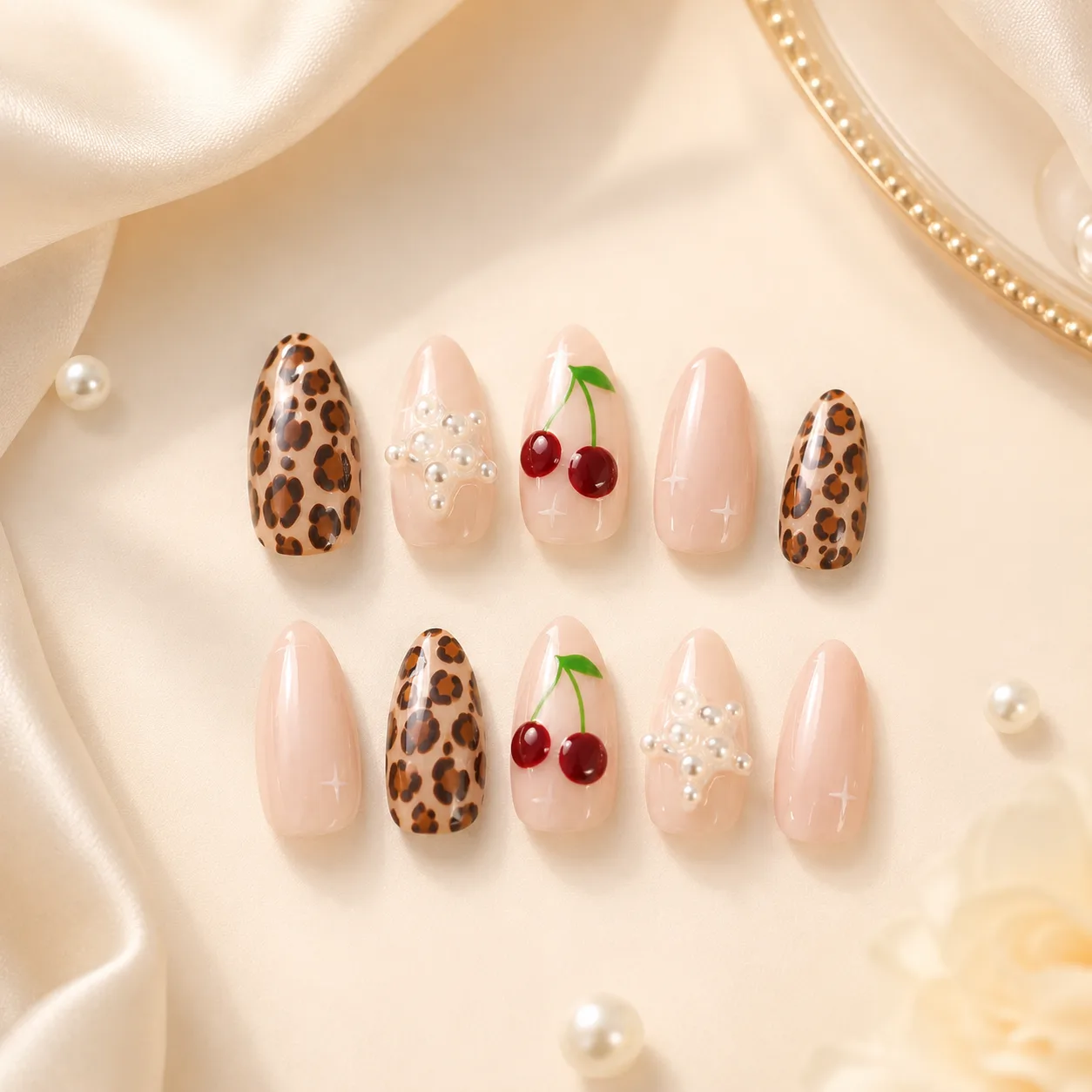 Cherry Leopard Press On Nails Set by TanuArtVibes Studio