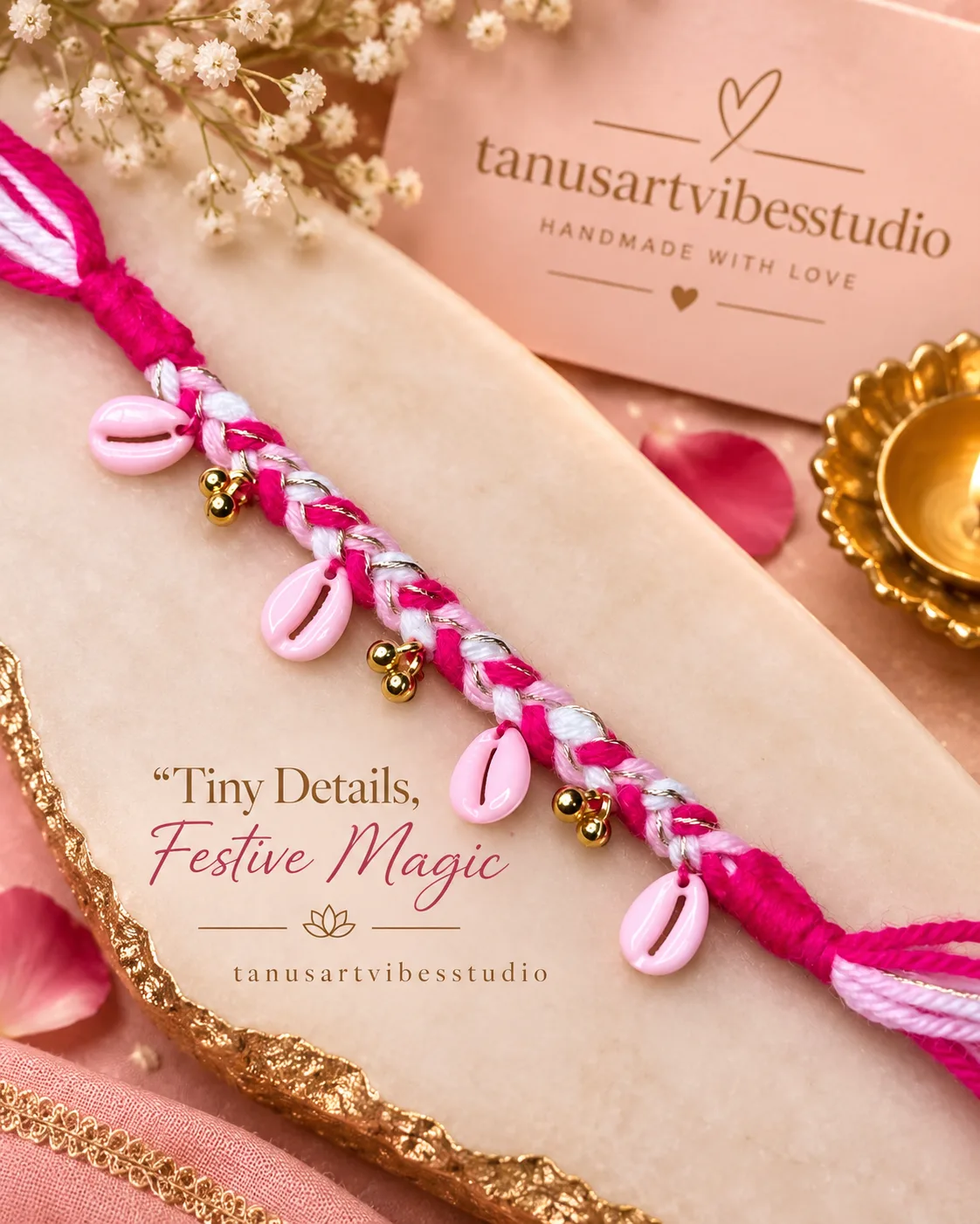 Navratri Pink Cowrie Shell Hand Bracelet with Ghungroo by tanusartvibesstudio