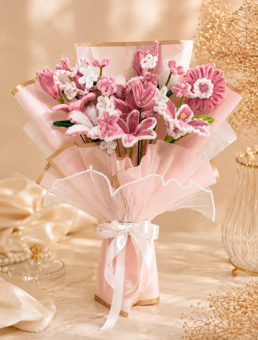 Handmade Pink Lily & Daisy Pipe Cleaner Bouquet by TanuArtVibes Studio
