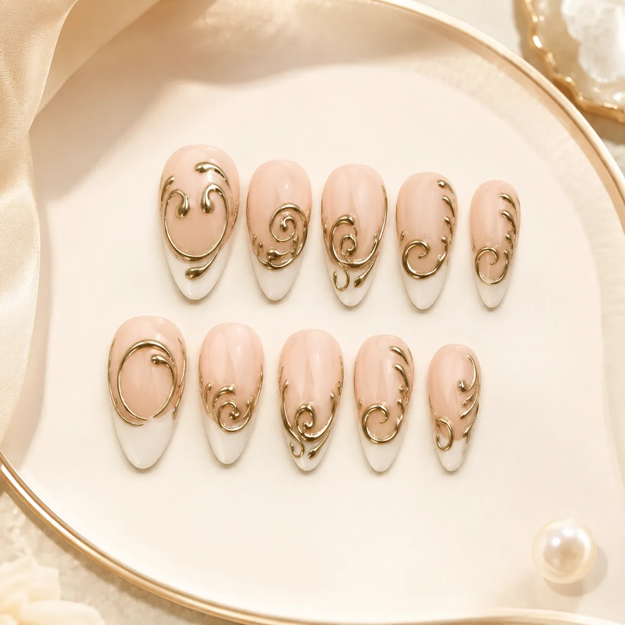 Golden Swirl French Luxury Press On Nails by TanuArtVibes Studio