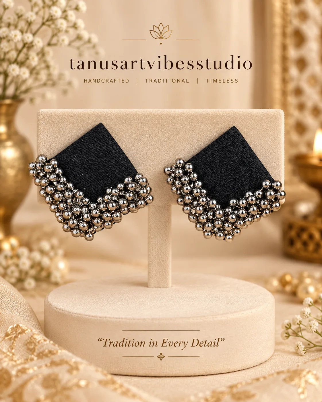 Navratri Black Geometric Silver Bead Statement Earrings by tanusartvibesstudio