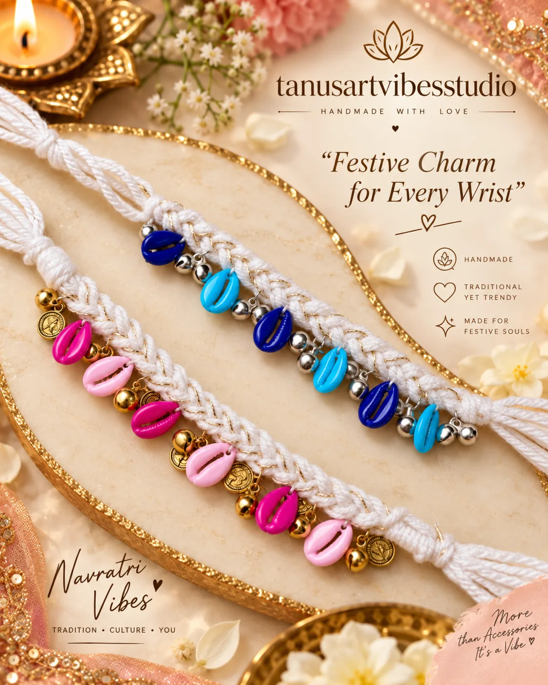 Navratri Cowrie Shell Hand Bracelet with Ghungroo – Pink & Blue by tanusartvibesstudio