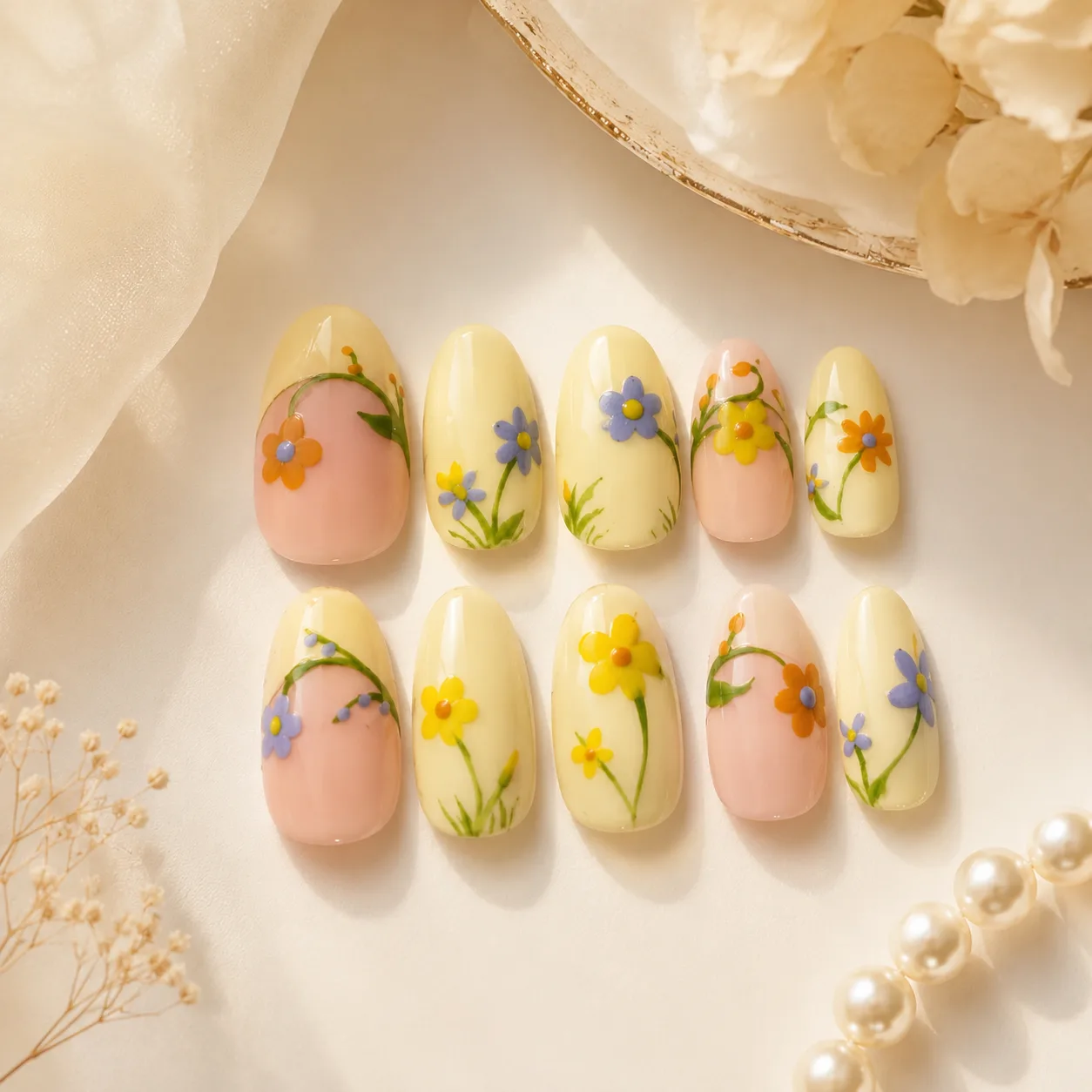Pastel Yellow Floral Spring Press-On Nails by TanuArtVibes Studio
