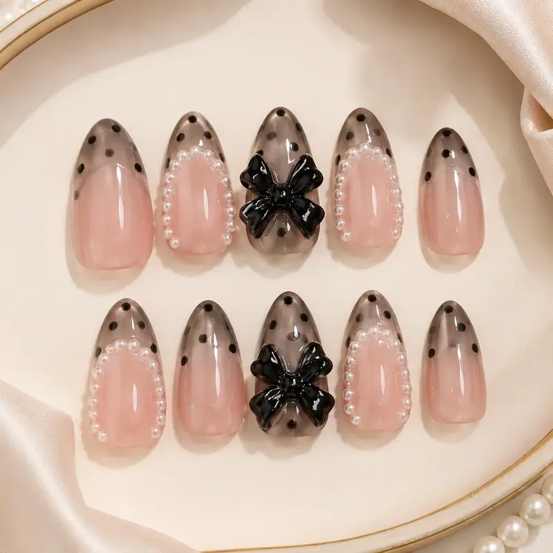 Elegant Black Bow Pearl Press On Nails Set by TanuArtVibes Studio