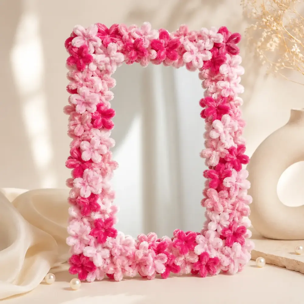 Pink Floral Pipe Cleaner Mirror Frame by TanuArtVibes Studio