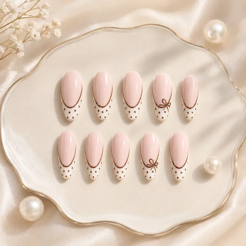 Elegant Polka Bow French Press On Nails by TanuArtVibes Studio