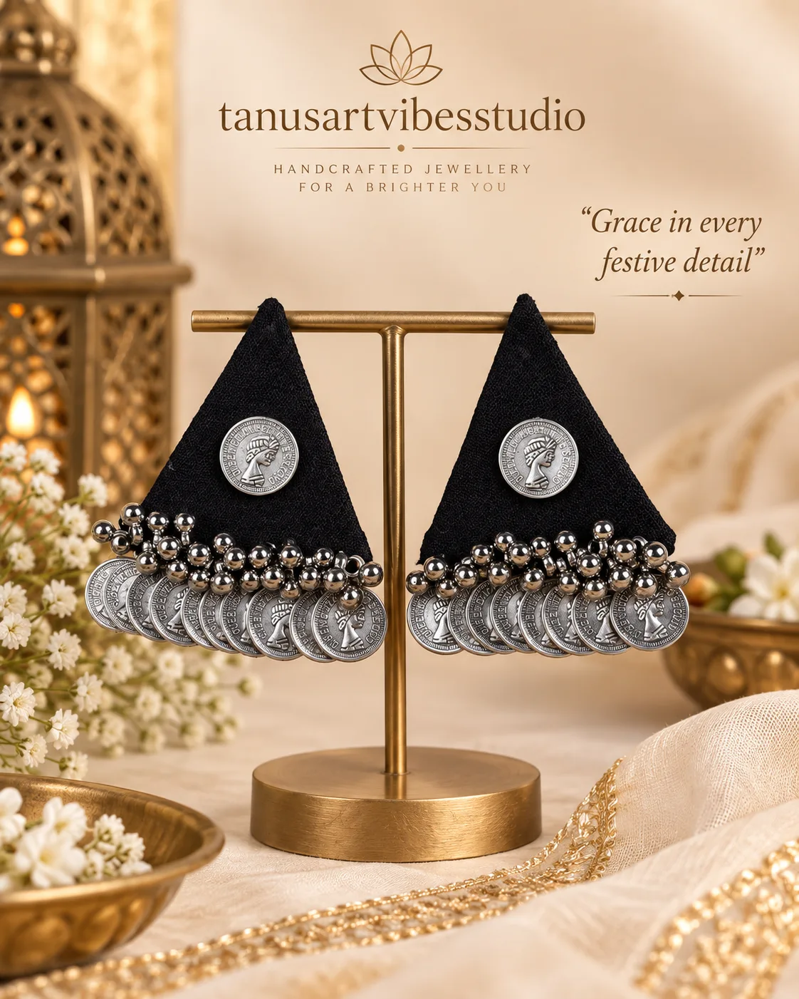Navratri Black Triangle Coin Statement Earrings by tanusartvibesstudio