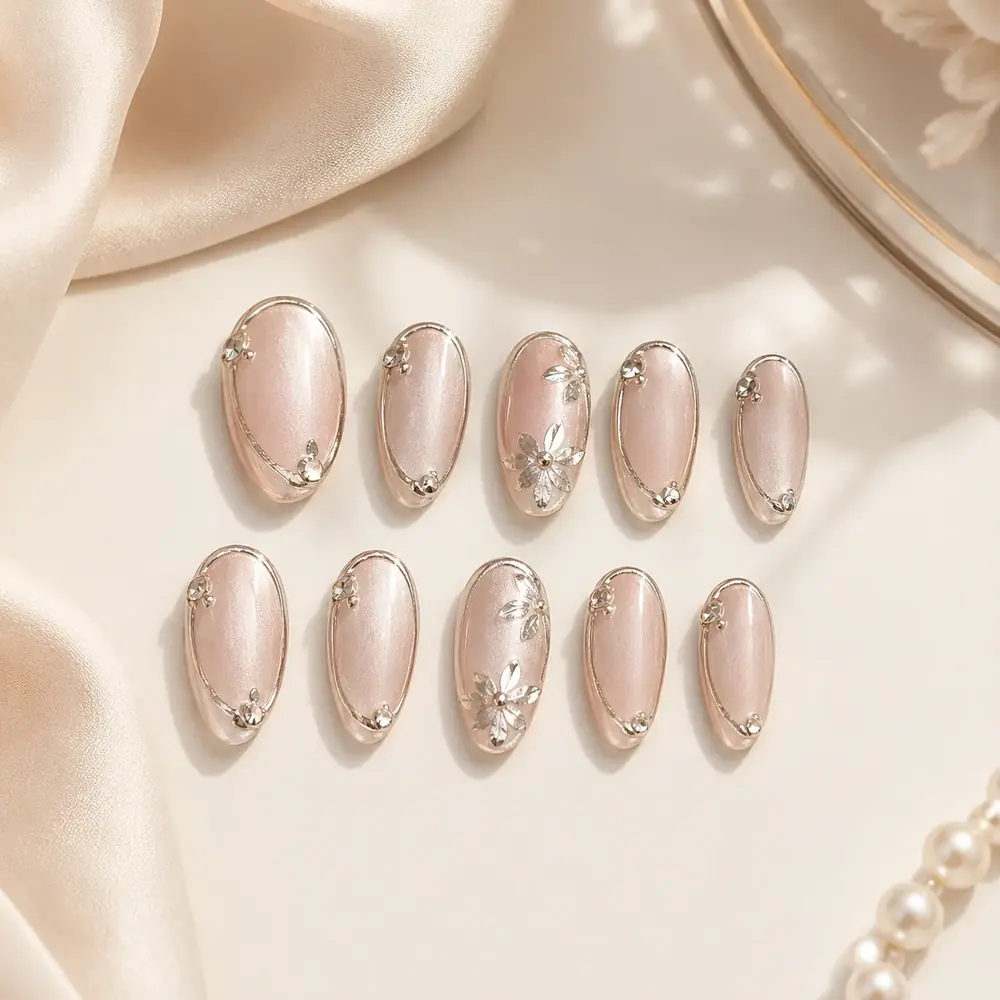 Champagne Pearl Luxe Press On Nails by TanuArtVibes Studio