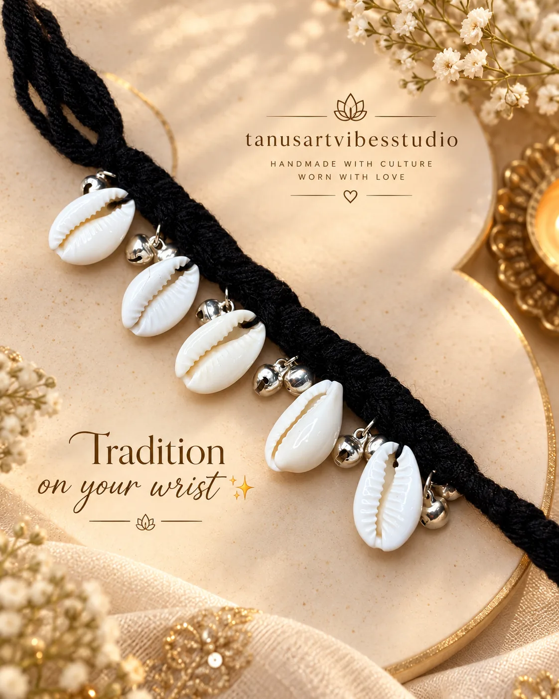 Navratri Black Cowrie Shell Hand Bracelet with Silver Ghungroo by tanusartvibesstudio