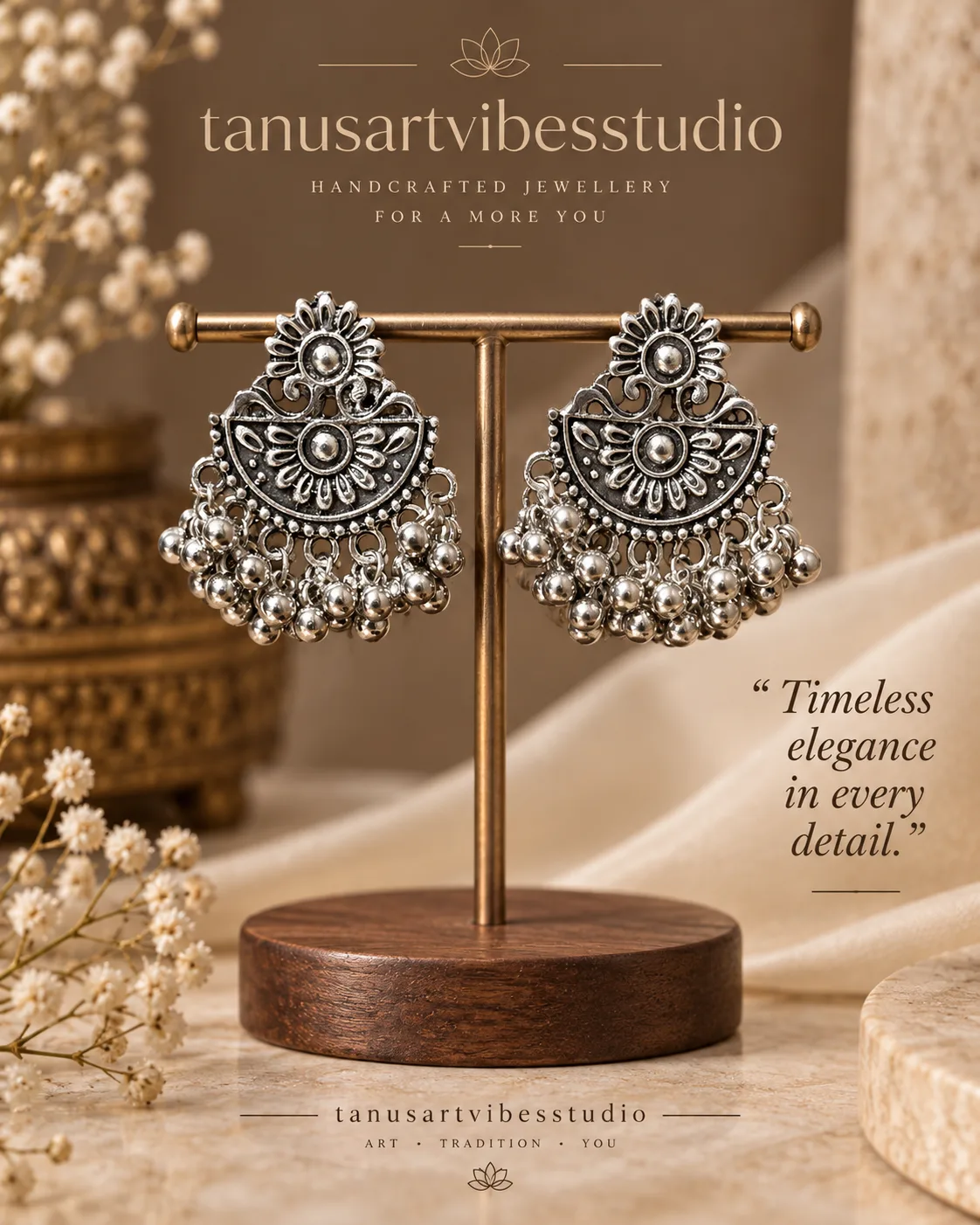 Navratri Oxidised Silver Floral Chandbali Ghungroo Earrings by tanusartvibesstudio