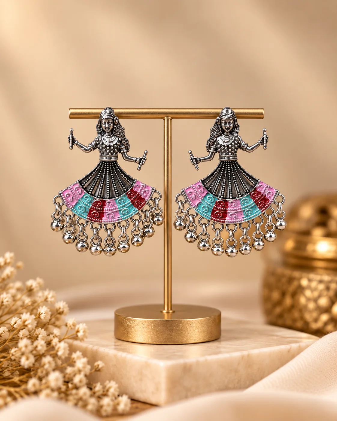 Navratri Garba Girl Oxidised Silver Multicolor Ghungroo Earrings by tanusartvibesstudio