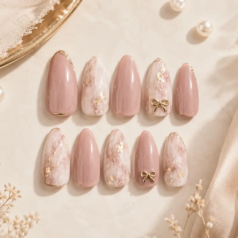 Blush Marble Bow Luxury Press-On Nails by tanusartvibesstudio