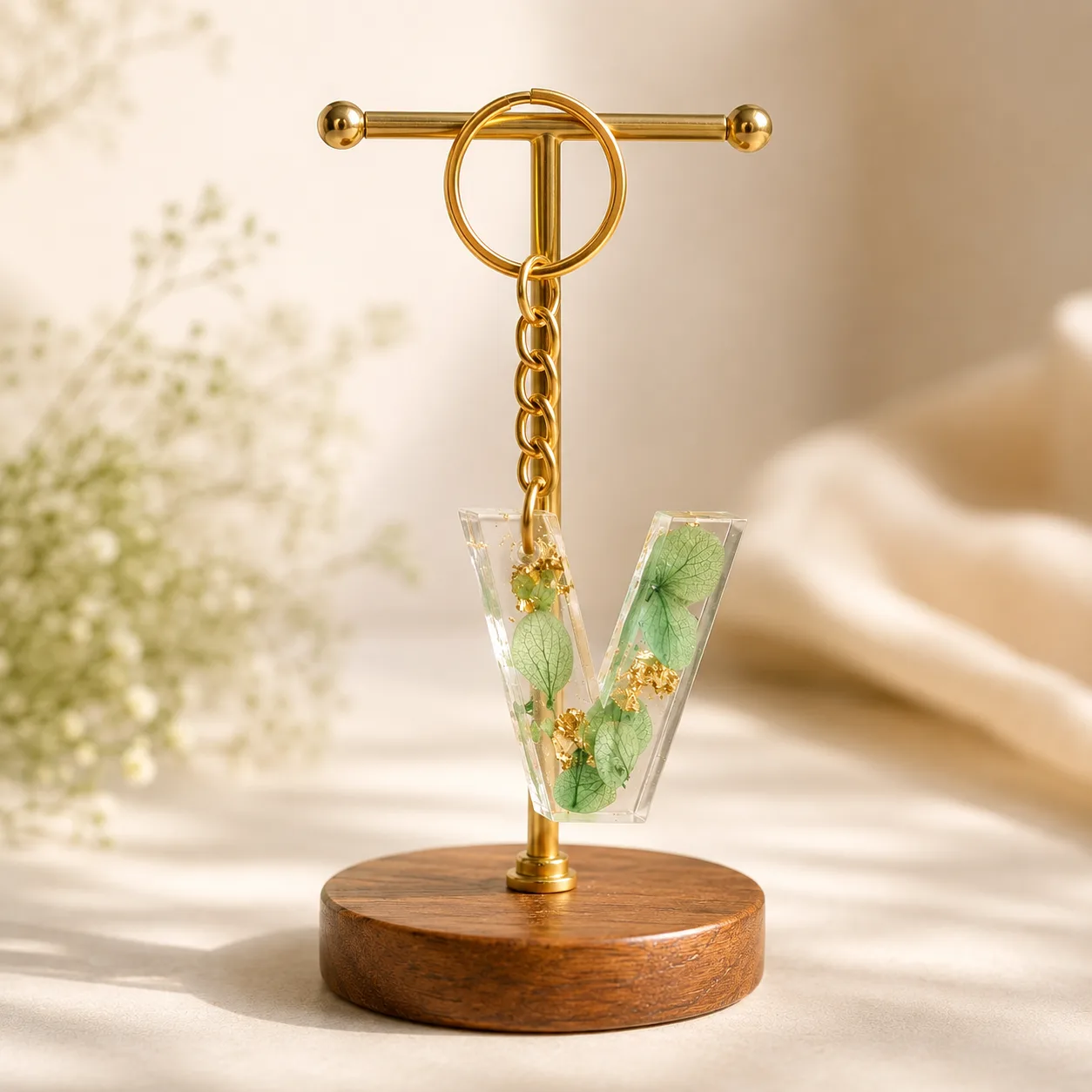 Botanical Resin Initial Keychain – Gold Leaf Letter Charm by TanuArtVibes Studio