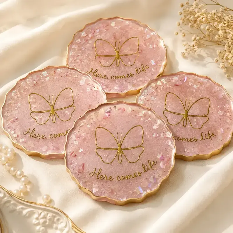 Butterfly Pearl Resin Coaster Set – Luxury Handmade Drink Coasters by TanuArtVibes Studio