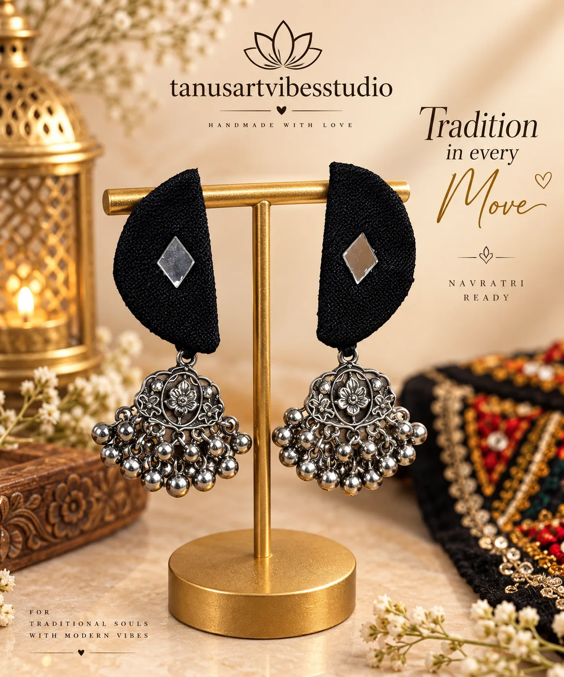 Navratri Black Mirror Oxidised Jhumka Earrings with Ghungroo by tanusartvibesstudio
