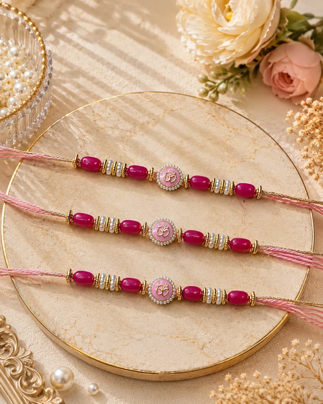 Handmade Pink Om Pearl Rakhi by TanuArtVibes Studio