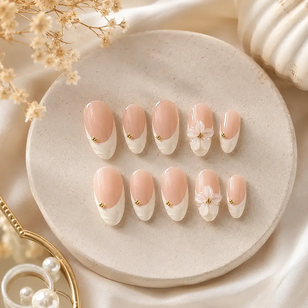 Elegant Ivory Floral French Tip Press-On Nails by TanuArtVibes Studio