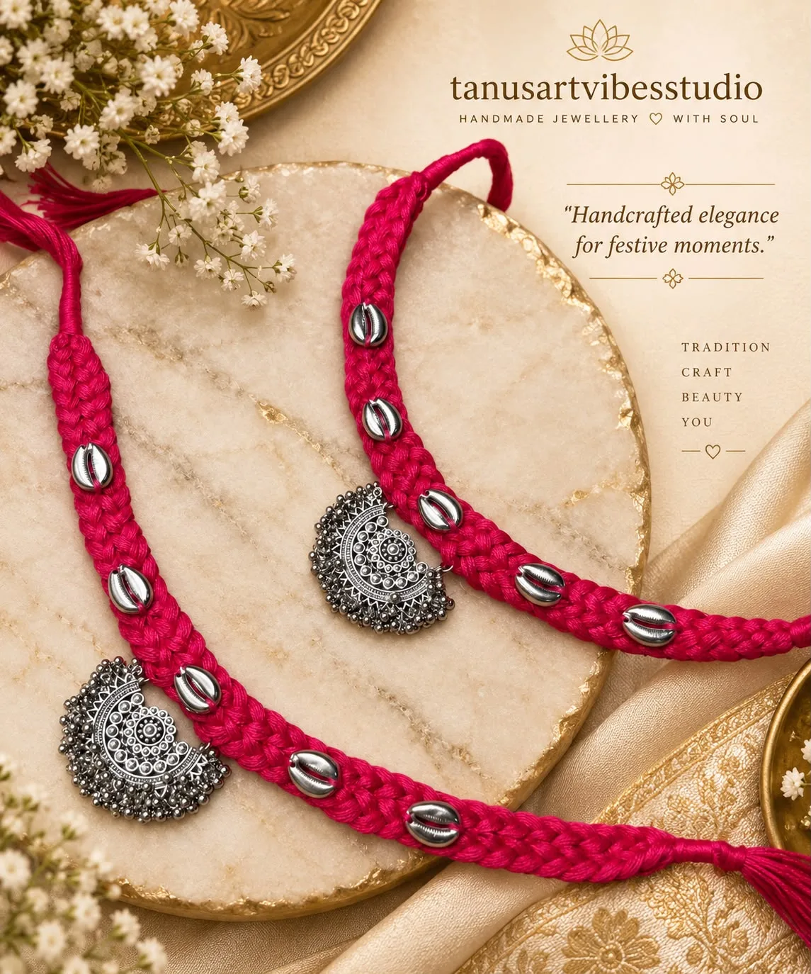 Handcrafted Pink Braided Oxidized Navratri Necklace by tanusartvibesstudio