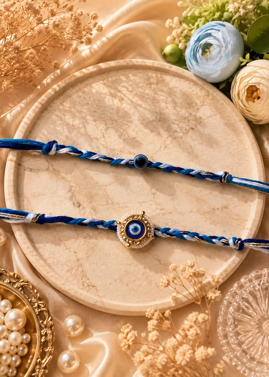 Handmade Blue Evil Eye Pearl Rakhi by tanusartvibesstudio