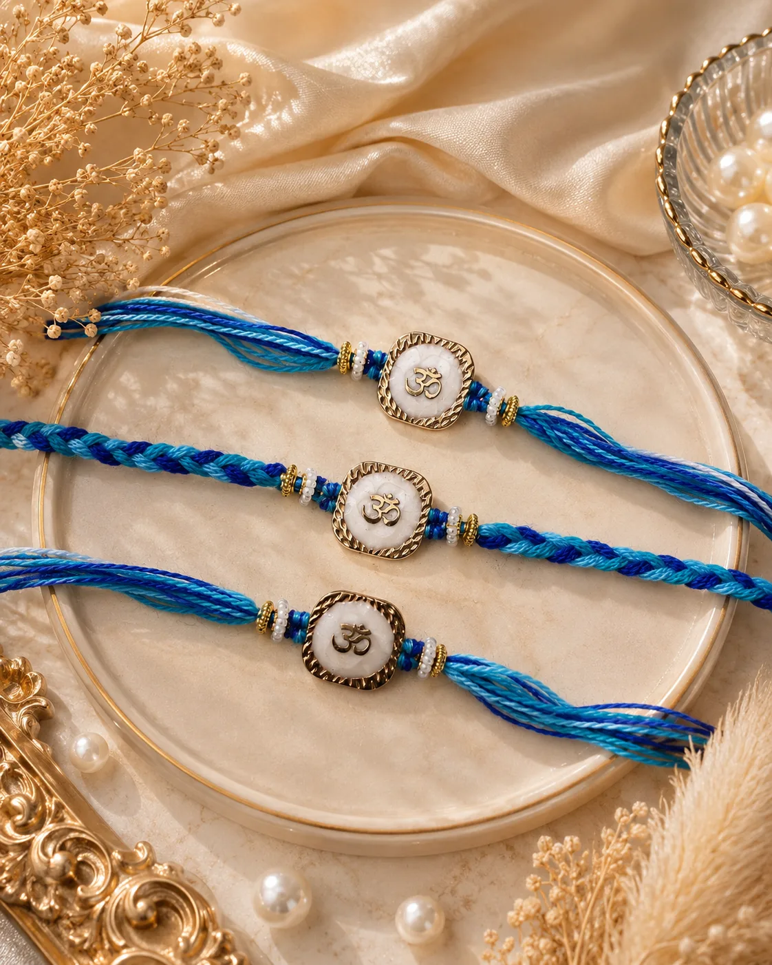 Handmade Blue Om Pearl Rakhi by TanuArtVibes Studio