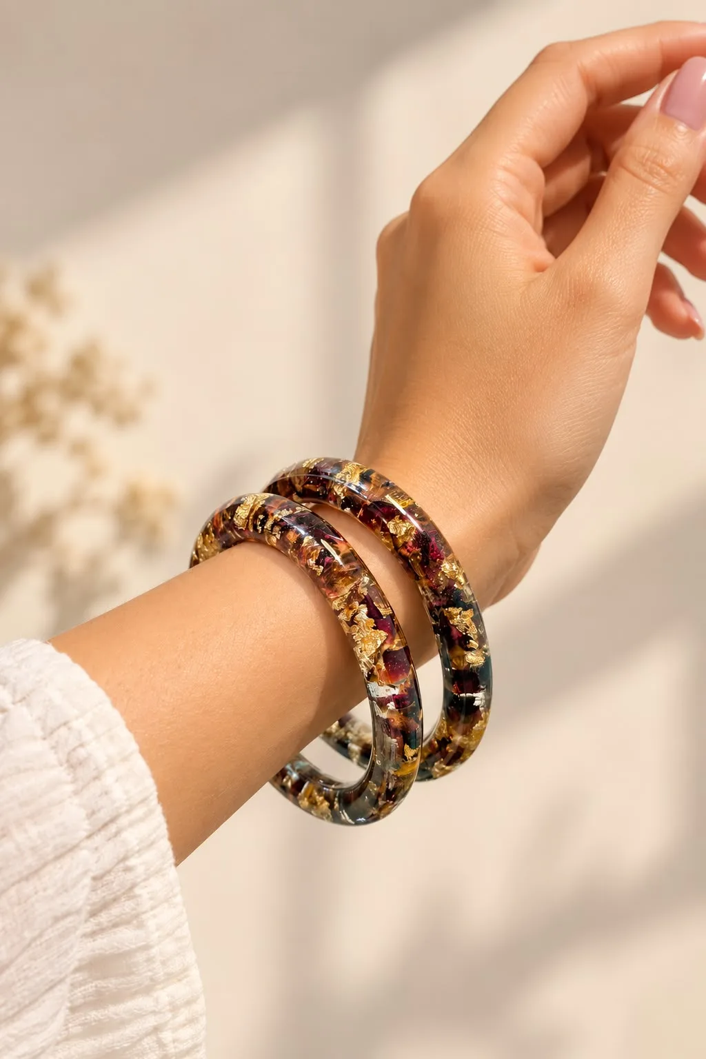 Handmade Floral Resin Bangles with Gold Flakes by tanusartvibesstudio