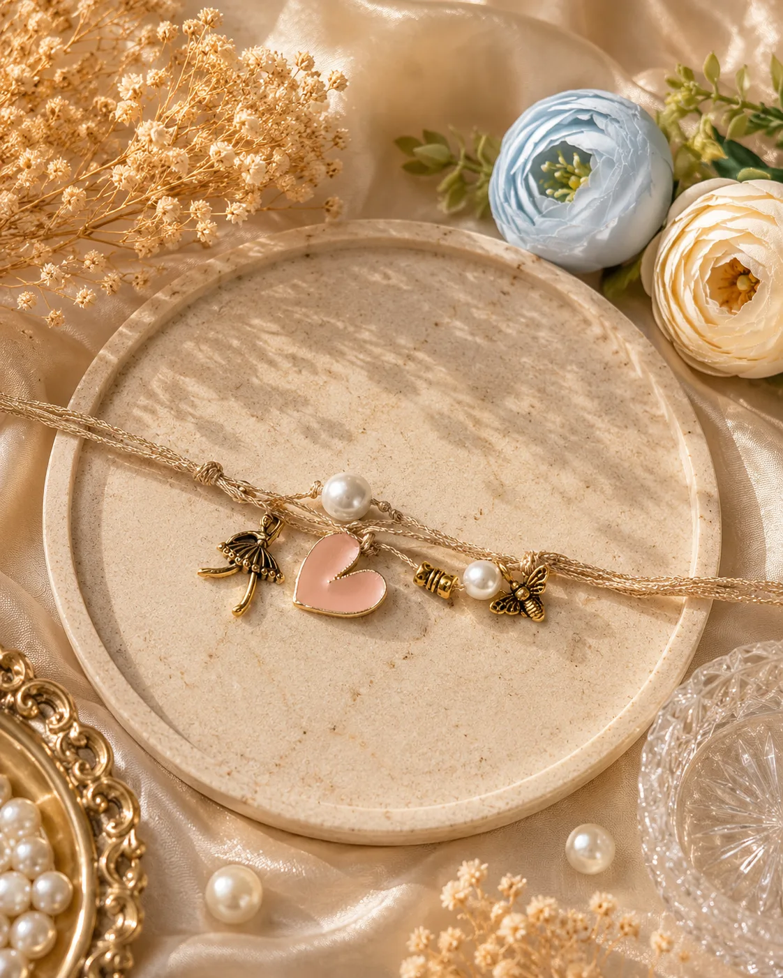 Handmade Golden Heart Pearl Rakhi by TanuArtVibes Studio