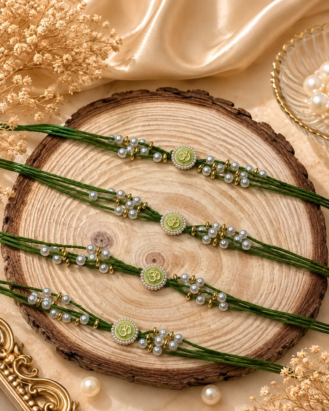 Handmade Green Om Pearl Rakhi by TanuArtVibes Studio