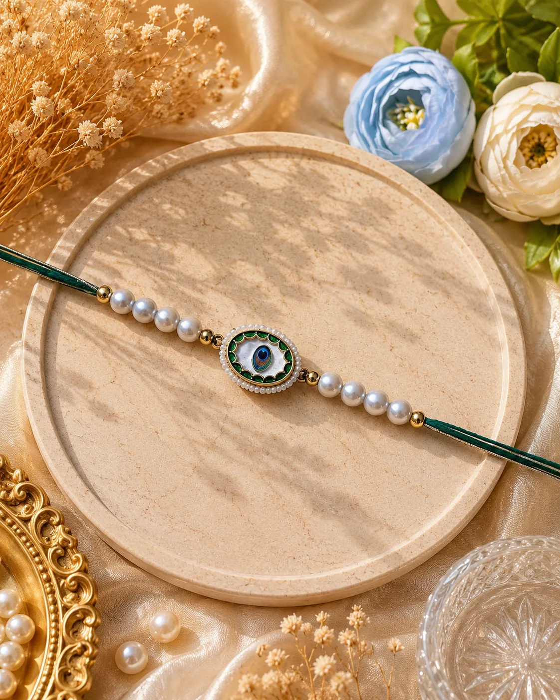 Handmade Green Peacock Pearl Rakhi by TanuArtVibes Studio