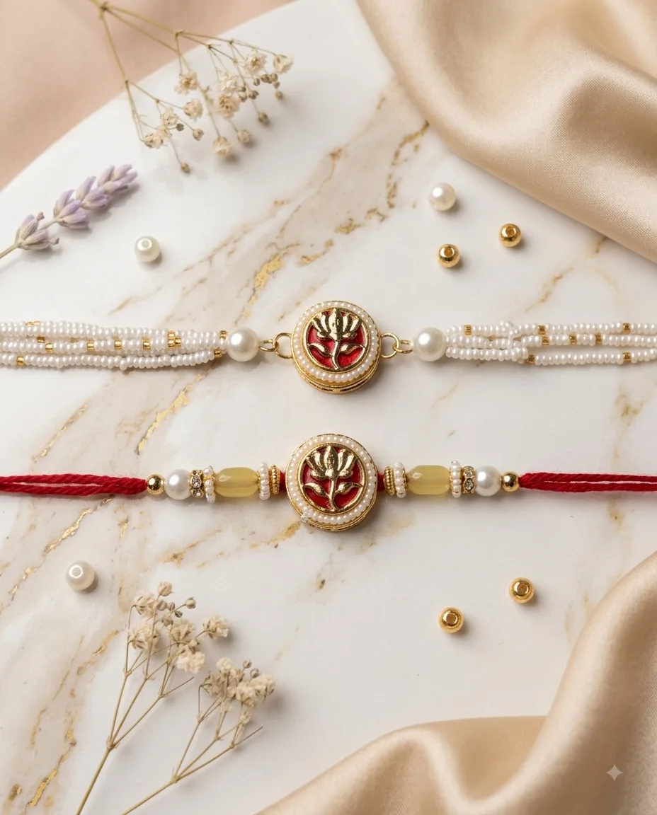 Handmade Lotus Pearl Bead Rakhi by TanuArtVibes Studio
