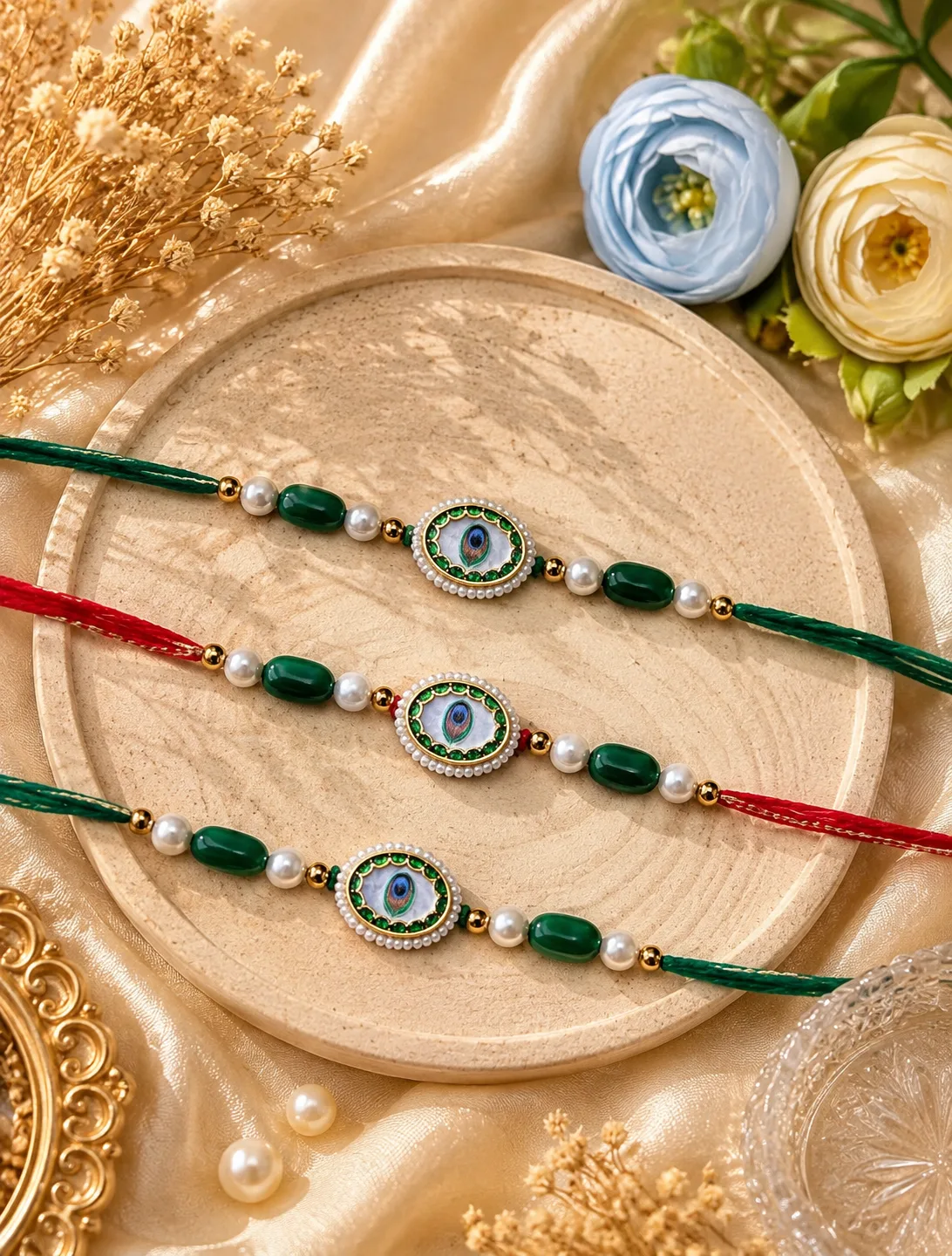 Handmade Peacock Feather Pearl Rakhi by TanuArtVibes Studio
