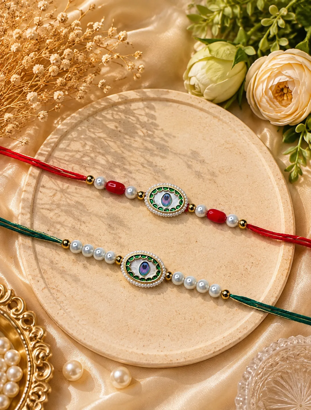 Handmade Peacock Featherr Pearl Rakhi by TanuArtVibes Studio