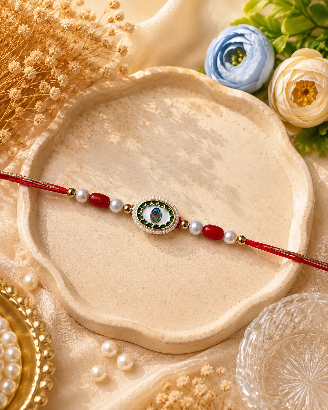 Handmade Peacock Pearl Rakhi by TanuArtVibes Studio