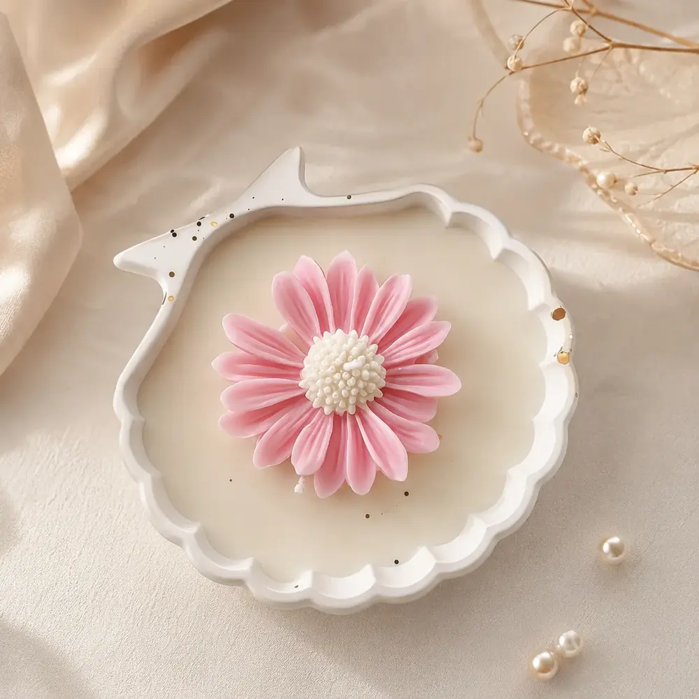 Handmade Pink Daisy Shell Bowl Candle by TanuArtVibes Studio