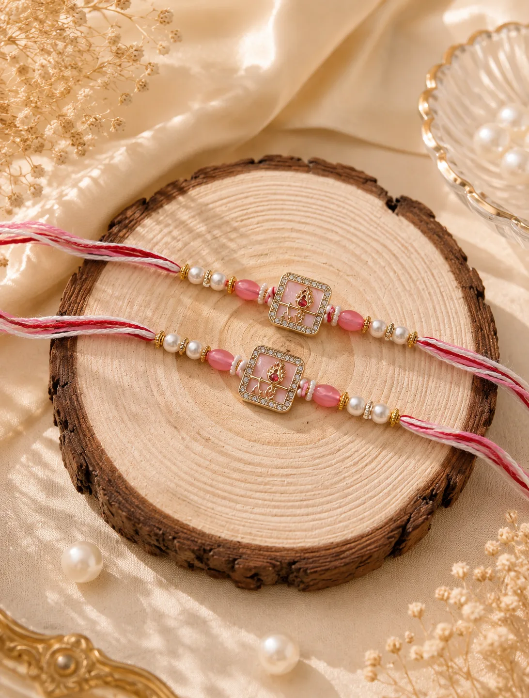 Handmade Pink Square Charm Pearl Rakhi by TanuArtVibes Studio