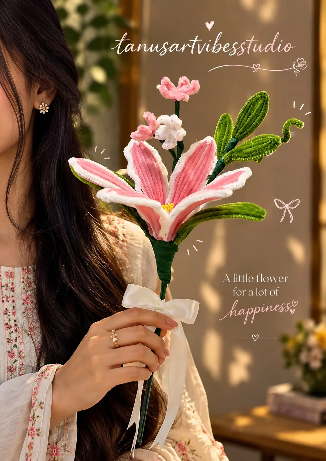 Handmade Pipe Cleaner Pink Lily Bouquet by tanusartvibesstudio