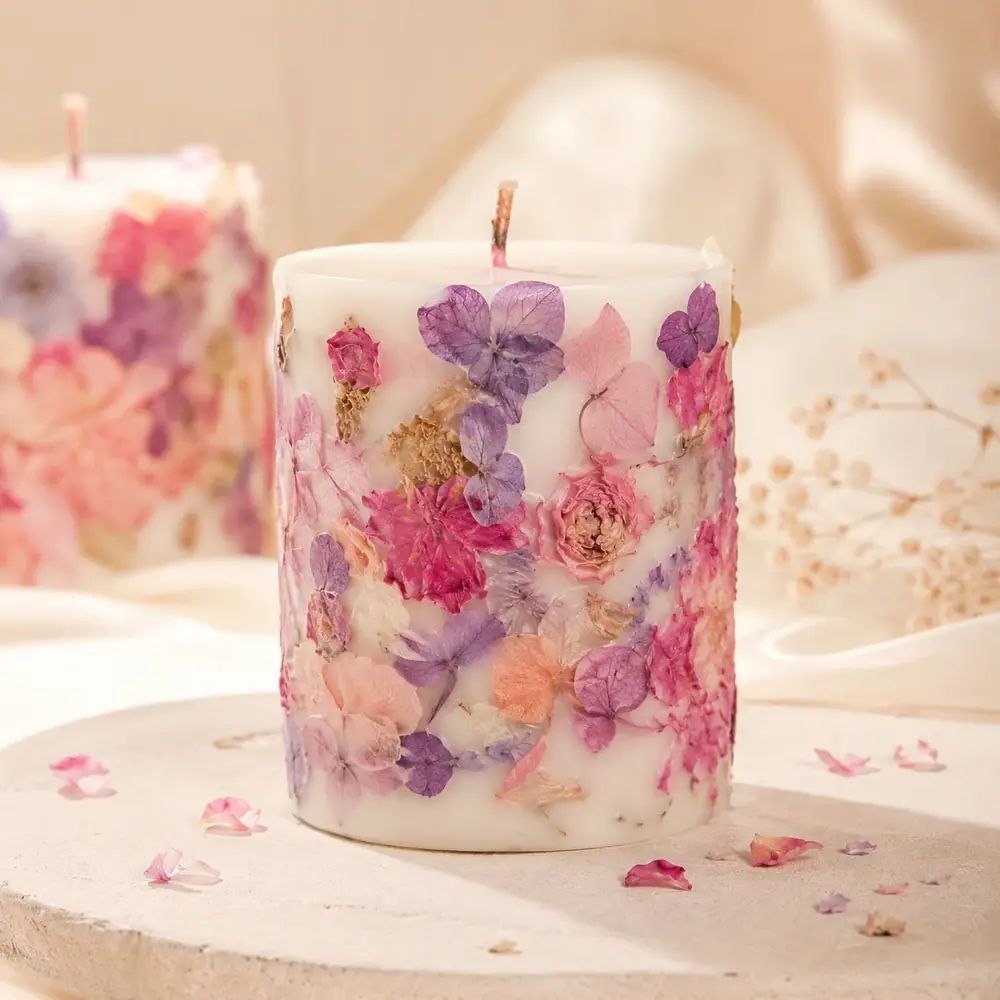 Handmade Pressed Flower Pillar Candle by TanuArtVibes Studio