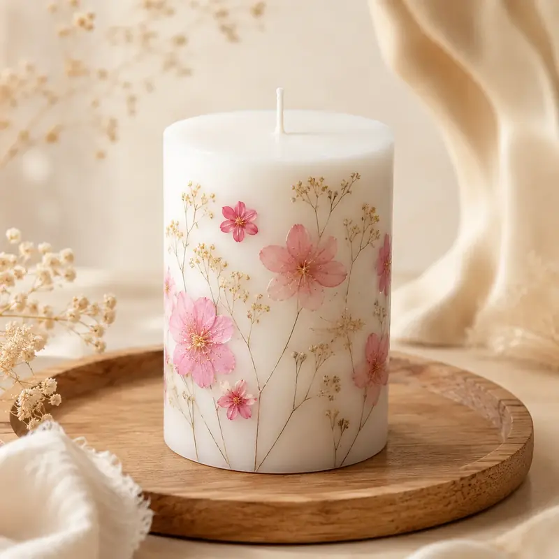 Handmade Pressed Flower Pillar Candlee by TanuArtVibes Studio