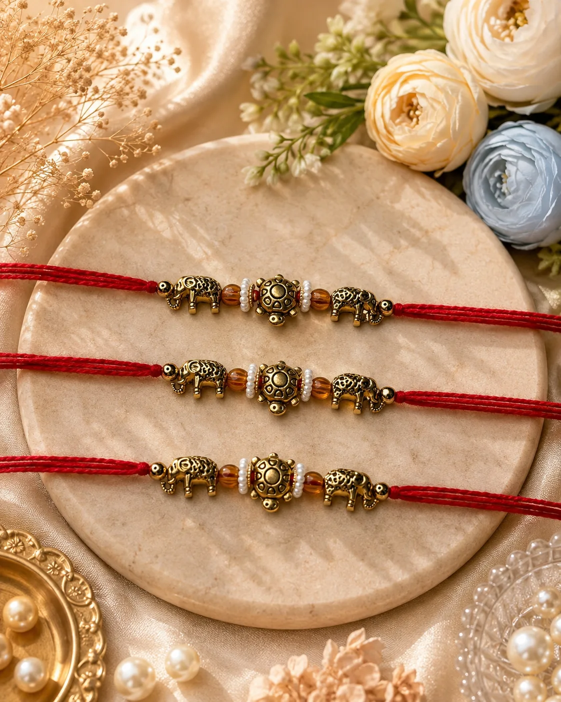 Handmade Red Elephant Turtle Pearl Rakhi by TanuArtVibes Studio