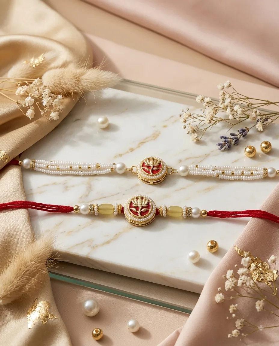 Handmade Red Lotus Pearl Rakhi by TanuArtVibes Studio