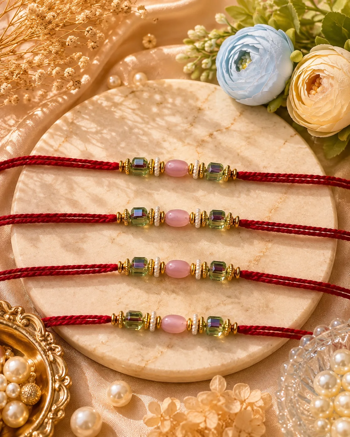 Handmade Red Pink Crystal Pearl Rakhi by TanuArtVibes Studio