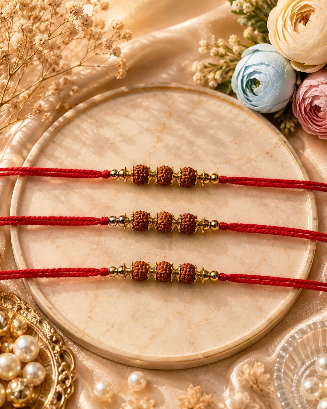 Handmade Red Rudraksha Gold Bead Rakhi by tanusartvibesstudio