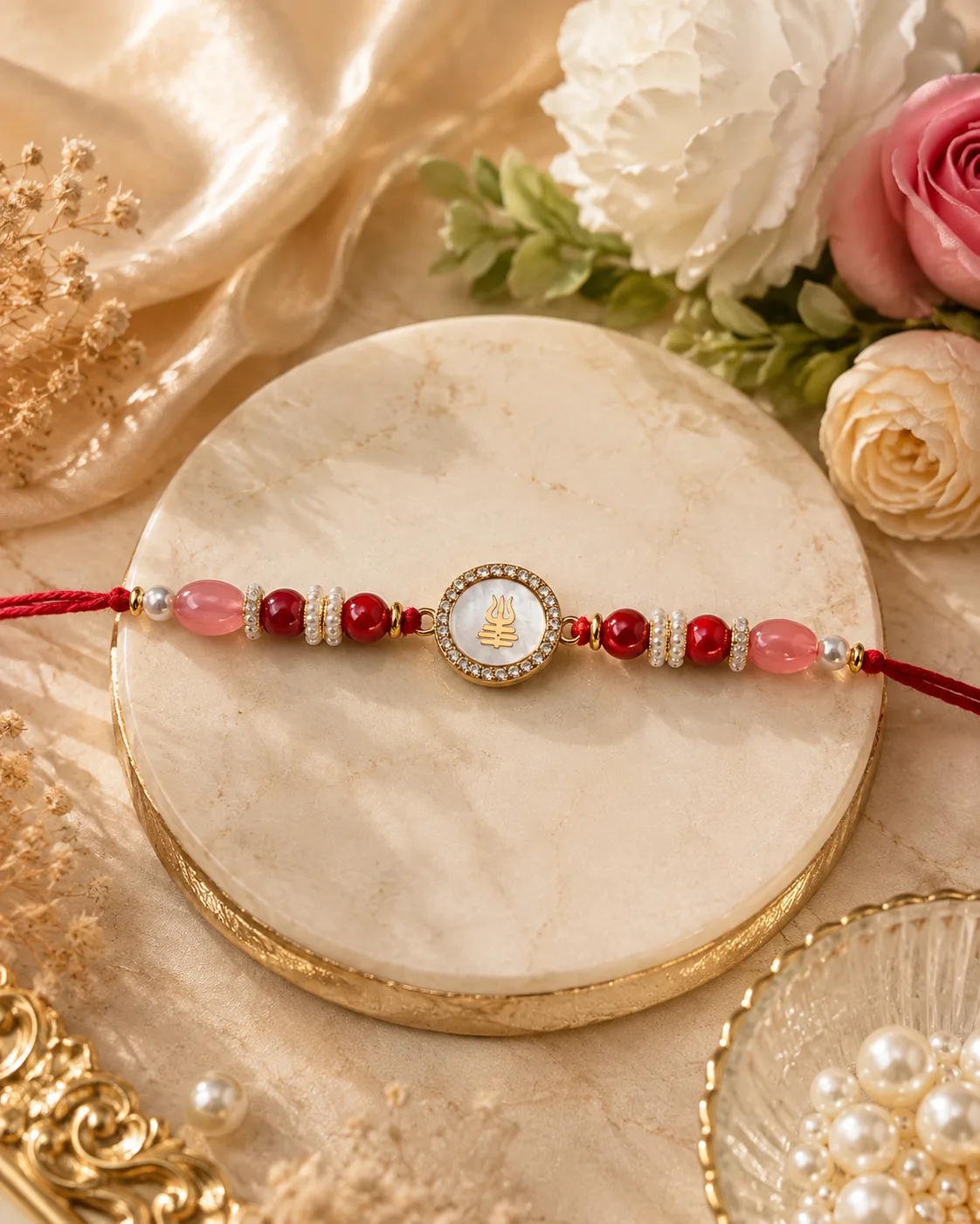 Handmade Red Trishul Pearl Rakhi by TanuArtVibes Studio