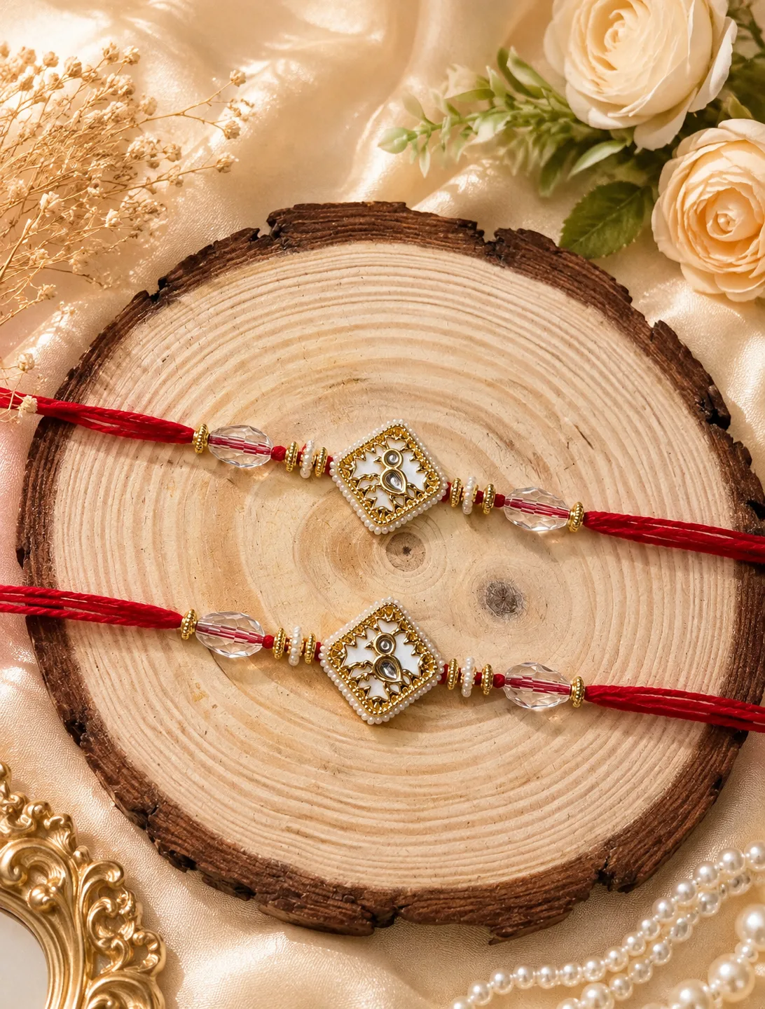 Handmade Red White Kundan Pearl Rakhi by TanuArtVibes Studio