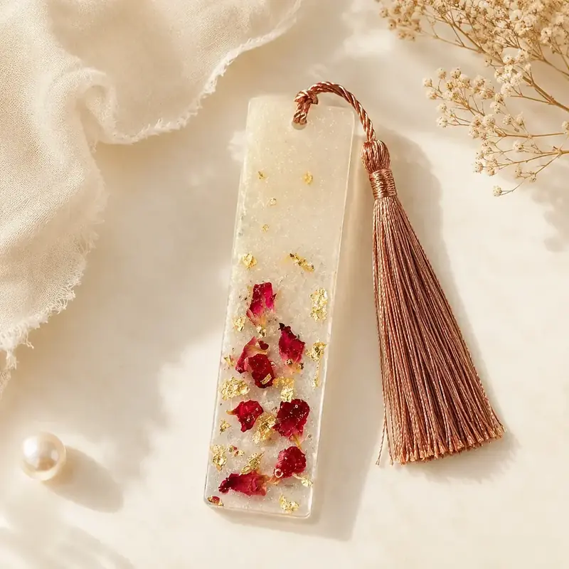 Handmade Rose Petal Resin Bookmark with Gold Foil by tanusartvibesstudio
