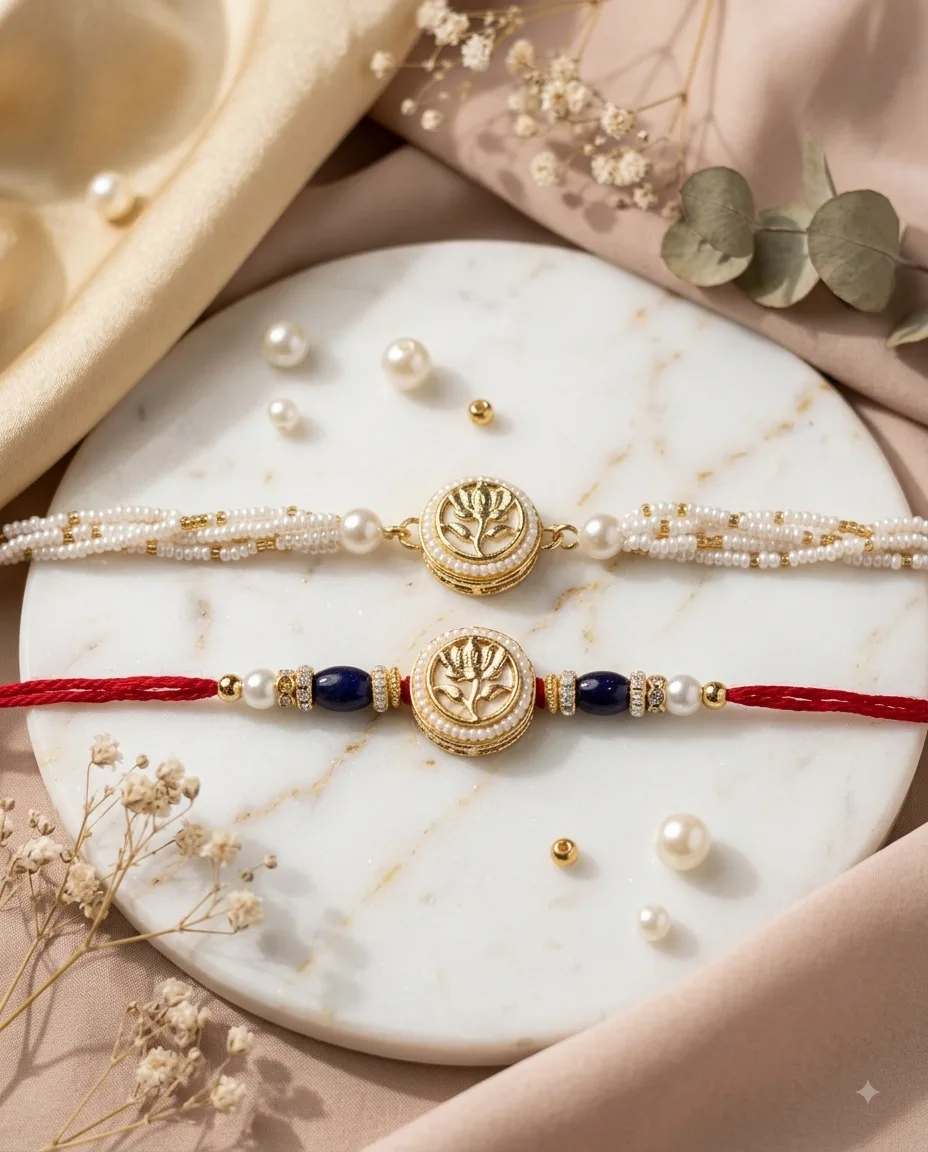 Handmade couple Lotus Pearl Rakhi by TanuArtVibes Studio