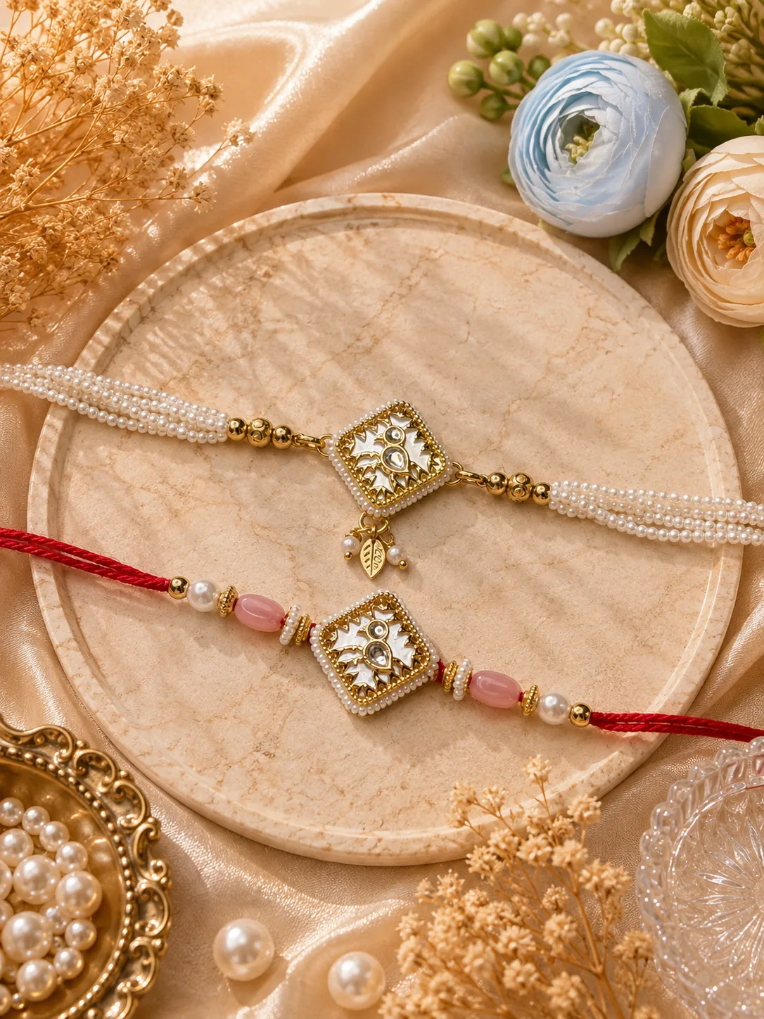 Handmade couple Square Kundan Pearl Rakhi by TanuArtVibes Studio