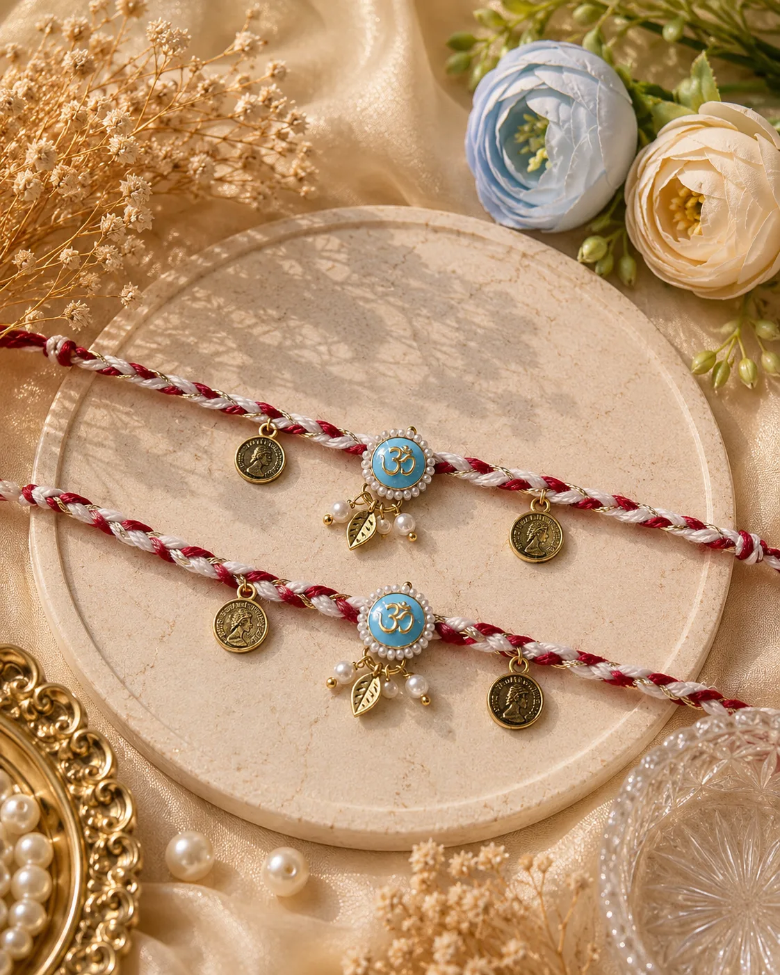 Handmadee Blue Om Pearl Rakhi by TanuArtVibes Studio