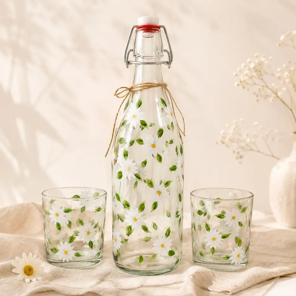 Handpainted Daisy Floral Bottle Art Set by TanuArtVibes Studio